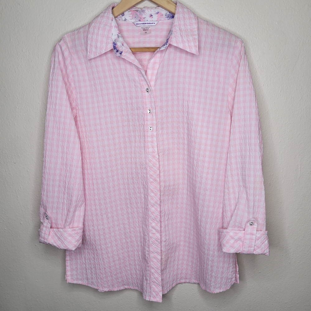 Allison Daley Pink Gingham Button Front Top Size 10